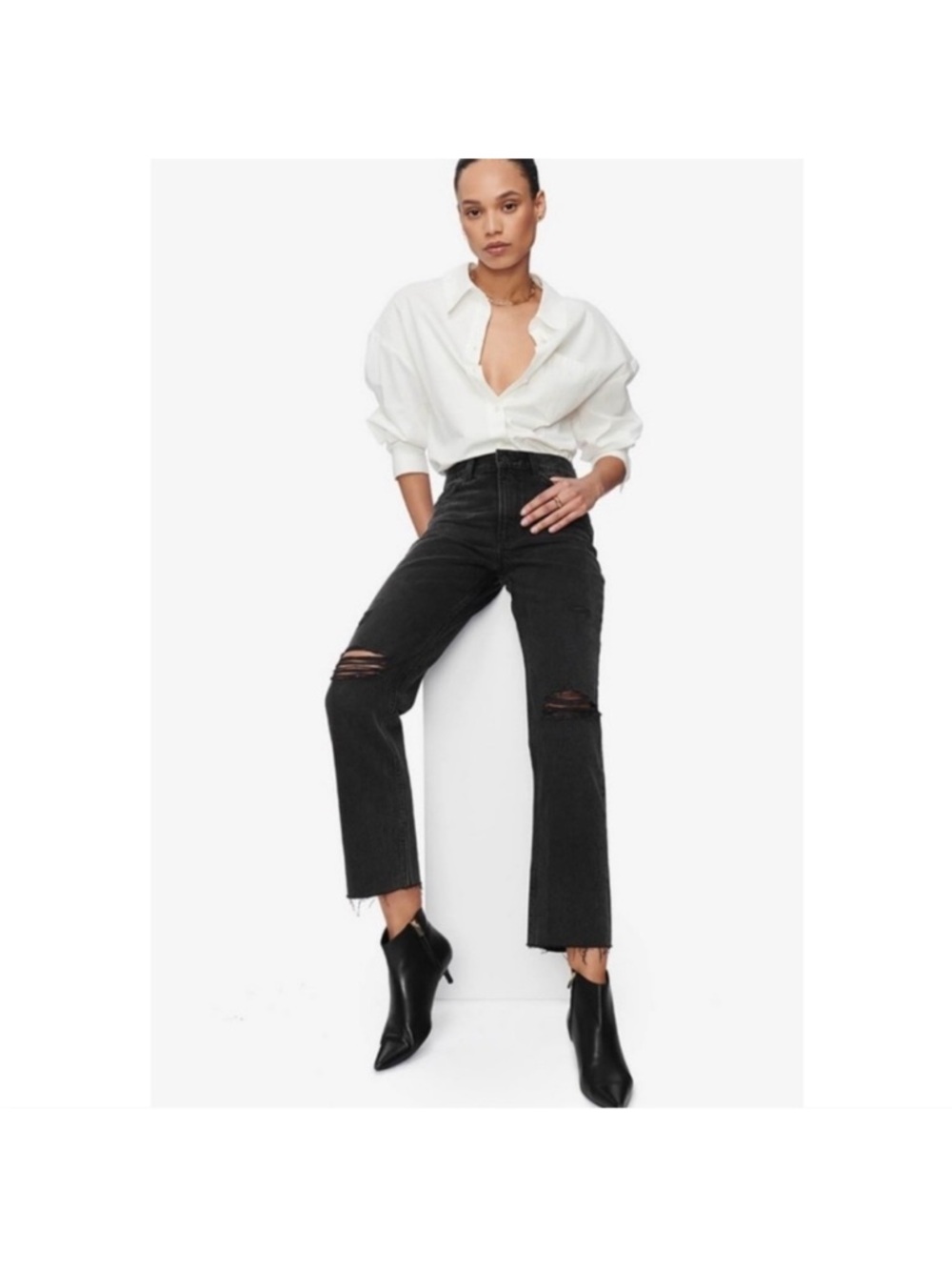 Anine Bing High-Rise Black Distressed Straight Leg Jeans